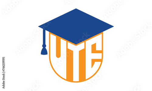 UTE initial letter academic logo design vector template. school college logo, university logo, graduation cap logo, institute logo, educational logo, library logo, teaching logo, book shop, varsity	
