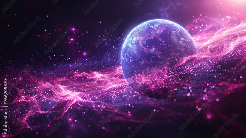 Planet Earth represented as a starry sky, containing points, lines, and shapes representing planets, stars, and the universe. Earth modern wireframe concept. Blue and purple colors.