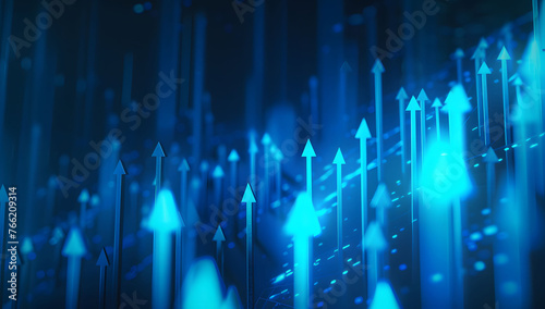 Abstract background with blue glowing arrows pointing upwards, representing growth and progress in technology or digital marketing. Abstract digital artwork with copy space.