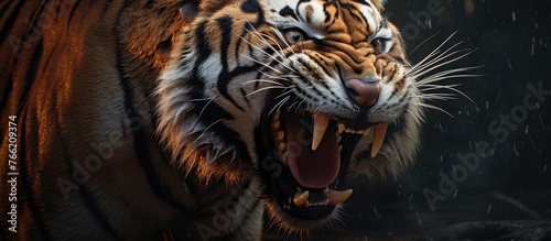 A close up of a Bengal tiger, a carnivorous terrestrial animal from the Felidae family. Its mouth is open, showing its fangs as it emits a powerful roar