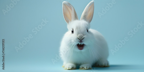 A picture of a cute white rabbit smiling and laughing, isolated with copy space for Easter background. © NE97