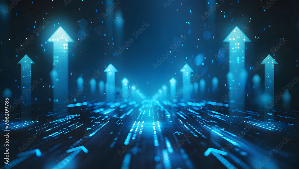 Abstract background with blue glowing arrows pointing upwards, representing growth and progress in technology or digital marketing. Abstract digital artwork with copy space. - obrazy, fototapety, plakaty 
