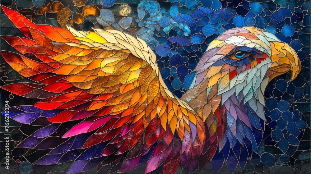 A fiery phoenix emerges in a burst of colors against a cool-toned mosaic background, symbolizing rebirth and creativity. A fiery phoenix emerges in a burst of colors against a cool-toned mosaic background, symbolizing rebirth and creativity.