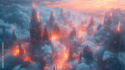 An ethereal cityscape soars above the clouds, bathed in the dusk light with glowing towers and flying vehicles ascending