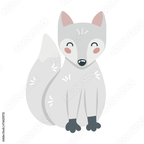 Cute cartoon hand drawn white arctic fox on isolated white background. Character of the polar, tundra, forest animals for the logo, mascot, design.