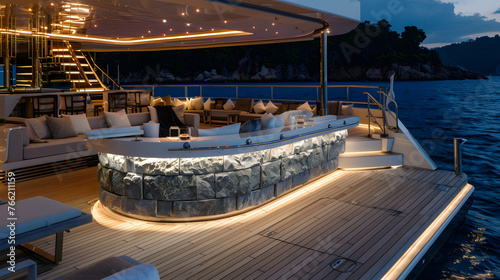 a large outdoor lounge and backlit stone bar with teak decking and white furniture on a superyacht . nighttime. mood lighting. photorealism