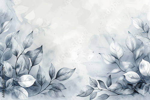 Floral nature background of white plant leaves and flower leaves on border, light gray and white watercolor painted leaf outlines in abstract illustration with soft texture, elegant pale banner 