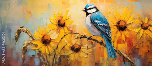 A songbird with blue feathers is perched gracefully on a branch amidst a field of vibrant sunflowers, its beak poised as if creating a beautiful painting of nature © 2rogan