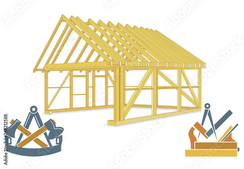 Holzhaus bauen mit Zimmermann und Schreiner illustration photo