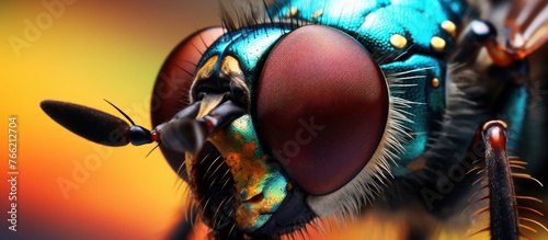 A close up of an arthropods face with large electric blue eyes, showcasing the intricate details of an insect. A stunning example of macro photography and natural art photo