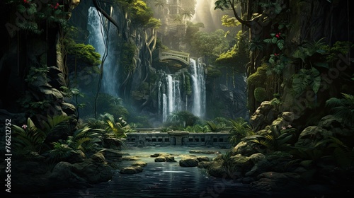 Waterfall in the park. AI generated art illustration. © Fire