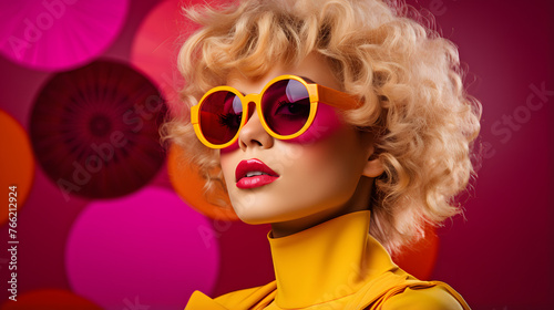 Wallpaper Mural woman wearing sunglasses on yellow background Torontodigital.ca