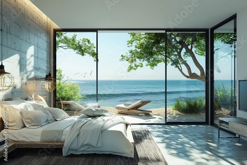 Beach bedroom interior Modern & Luxury in vacation. 3D render image. generative ai.