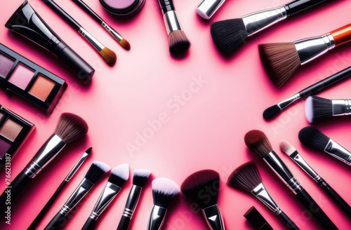 Cosmetic brushes and cosmetics on pink background,space for text,beauty industry