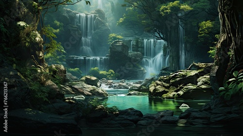 Waterfall in the park. AI generated art illustration. © Fire