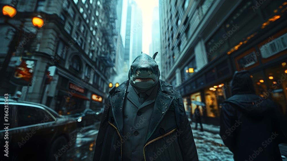 Humanoid shark dressed in a businessman's suit on the street of a business area. Conceptual image of the tough business world Humanoid shark dressed in a businessman's suit on the street of a business area. Conceptual image of the tough business world