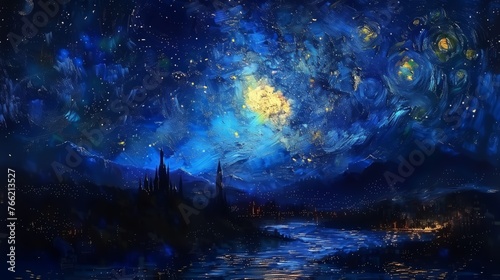 Starry night sky with clouds and planets. AI generated background. © Максим