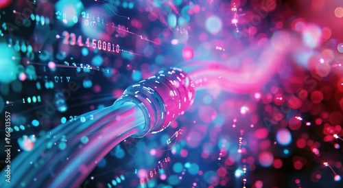 Gros plan d'un câble internet se connectant au réseau. L'arrière-plan est un flou de motifs lumineux dans les tons bleus et roses, créant une atmosphère futuriste symbolise l'impact de la technologie  photo