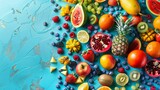 An assortment of tropical fruits melting into a pool of vibrant colors on a serene baby blue background