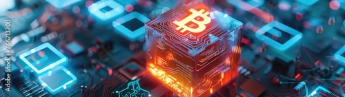 Le symbole du bitcoin sur un bloc numérique holographique coloré, flottant au-dessus d'un réseau complexe de circuits imprimés.