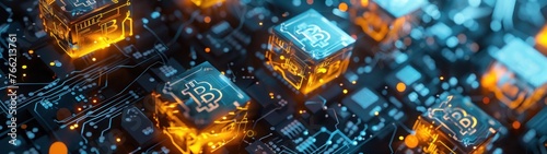 Le symbole du bitcoin sur un bloc numérique holographique coloré, flottant au-dessus d'un réseau complexe de circuits imprimés.