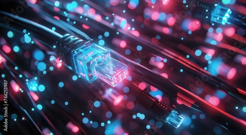 Un câble internet se connectant au réseau, symbolisant la connexion entre les appareils et la technologie dans le marketing numérique. Flux de données lumineux en arrière-plan.