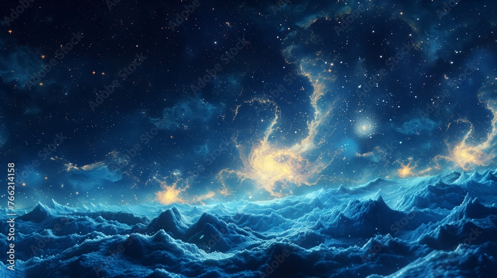 Starry night sky with clouds and planets. AI generated background.