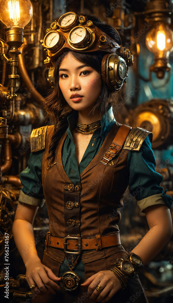The image features a woman wearing a steampunk-style outfit, complete with goggles and a belt. She is sitting on a workbench,,. generative AI The image features a woman wearing a steampunk-style outfit, complete with goggles and a belt. She is sitting on a workbench,,. generative AI