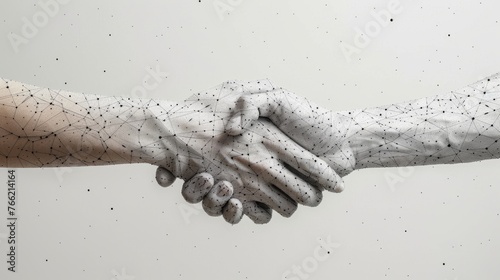 Origami of the brotherly handshake with a mash line and point on a white background. Agreement. Starry sky or space. Modern business illustration.