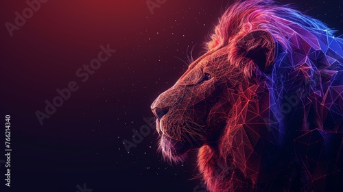 A wireframe illustration of a lion's head with gold accents. A polygonal modern image of a lion in RGB color. Concept of nature and animals.