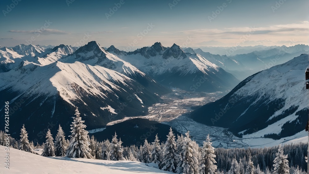 Panorama of Snow Mountain Landscape Alps.