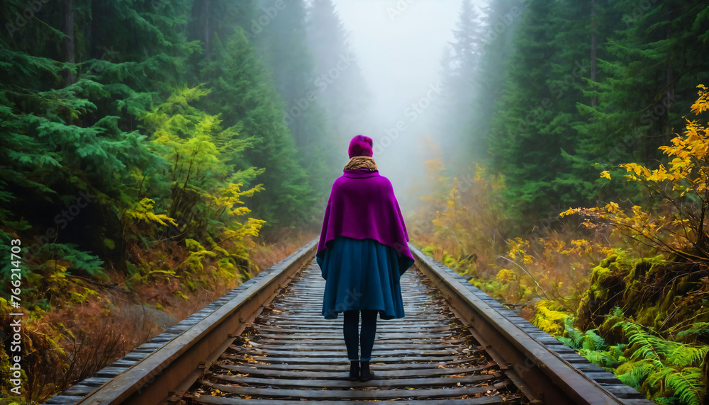 The woman standing on a train track, with a foggy atmosphere surrounding her. She is wearing coat and a knitted cap, generative AI The woman standing on a train track, with a foggy atmosphere surrounding her. She is wearing coat and a knitted cap, generative AI