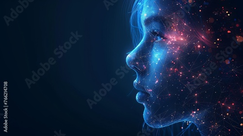 Modern illustration of a human AI Brine. Low poly wireframe illustration on dark background. Lines and dots. RGB color mode. Polygonal art concept. © DZMITRY
