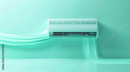 Sleek air conditioner unit, surrealistically melting into a cool mint background, a nod to escaping the summer heat