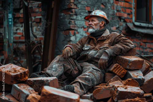 A construction worker on a break, sitting on a pile of bricks and enjoying a moment of rest.