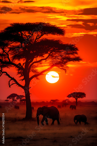 Ethereal Sundown: Majestic Elephants, Zebras and Birds Amidst the African Savannah Landscape © Franklin