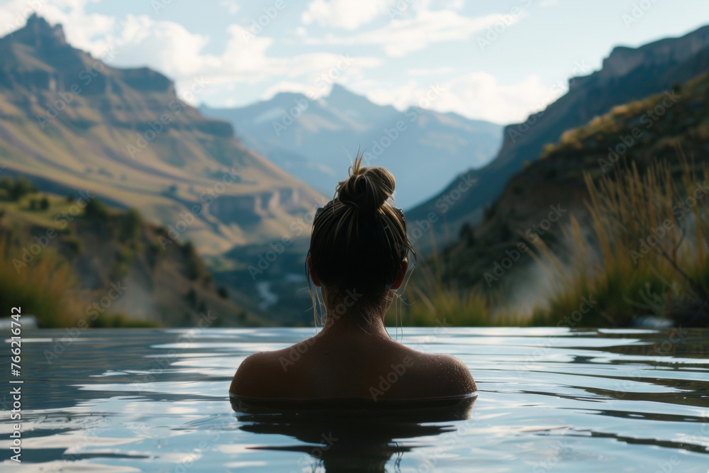 Woman swimming in a pool against mountainous natural landscape. Generative AI