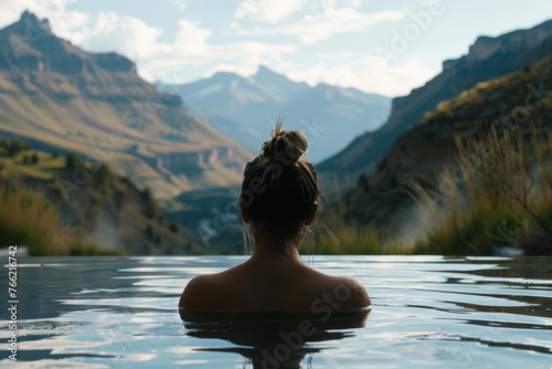 Woman swimming in a pool against mountainous natural landscape. Generative AI