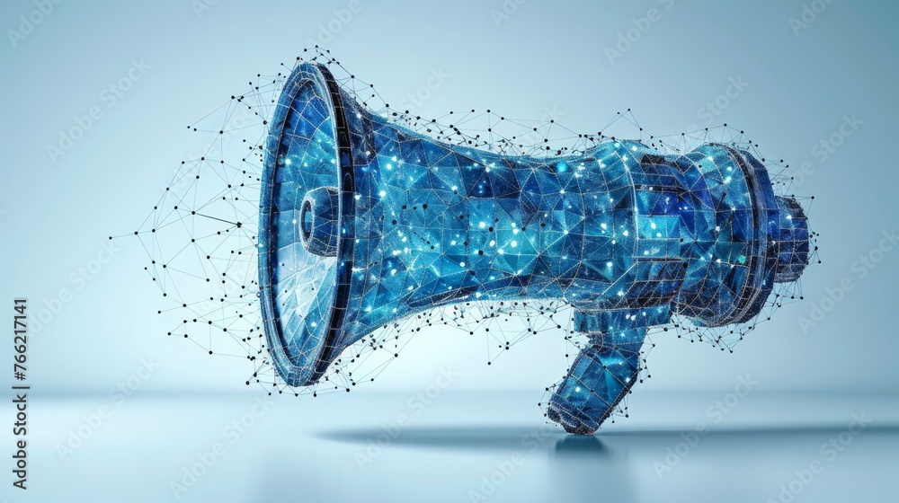 The megaphone is an abstract polygonal image of a speaker in front of a blue background or concept with a hand loudspeaker on top. For online or digital marketing.