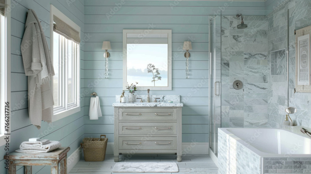 A coastal retreat bathroom with light blue beadboard walls, a weathered wood vanity with a marble countertop, and a walk-in shower with sea glass tile accents A coastal retreat bathroom with light blue beadboard walls, a weathered wood vanity with a marble countertop, and a walk-in shower with sea glass tile accents