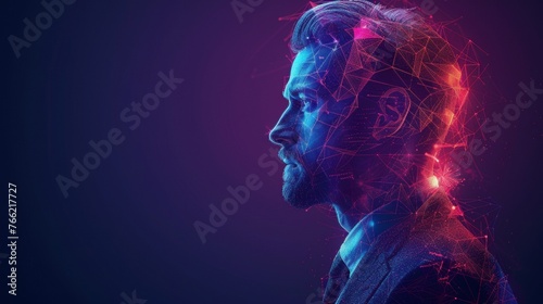 Young attractive successful man dressed in a classic luxury suit. Modern low poly wireframe illustration. Navy banner with copy space.