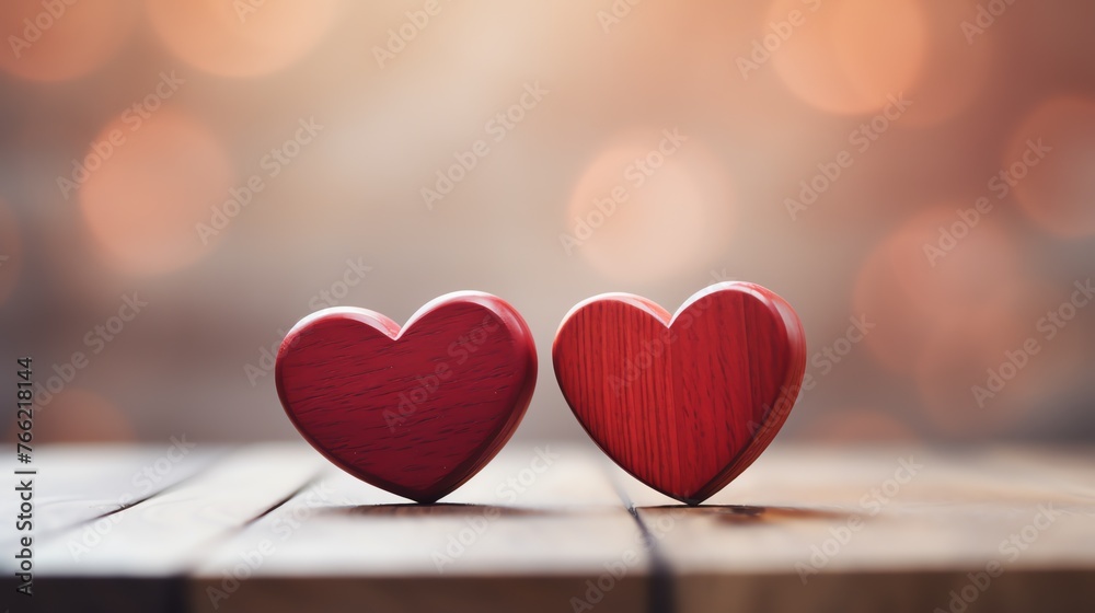 two red hearts on a wood surface two red hearts on a wood surface