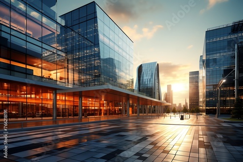 a large glass building with a walkway and a large glass building