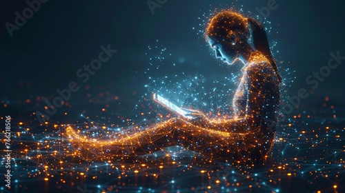 A polygonal young man touches the surface of an abstract PC tablet. Modern illustration in a space style.