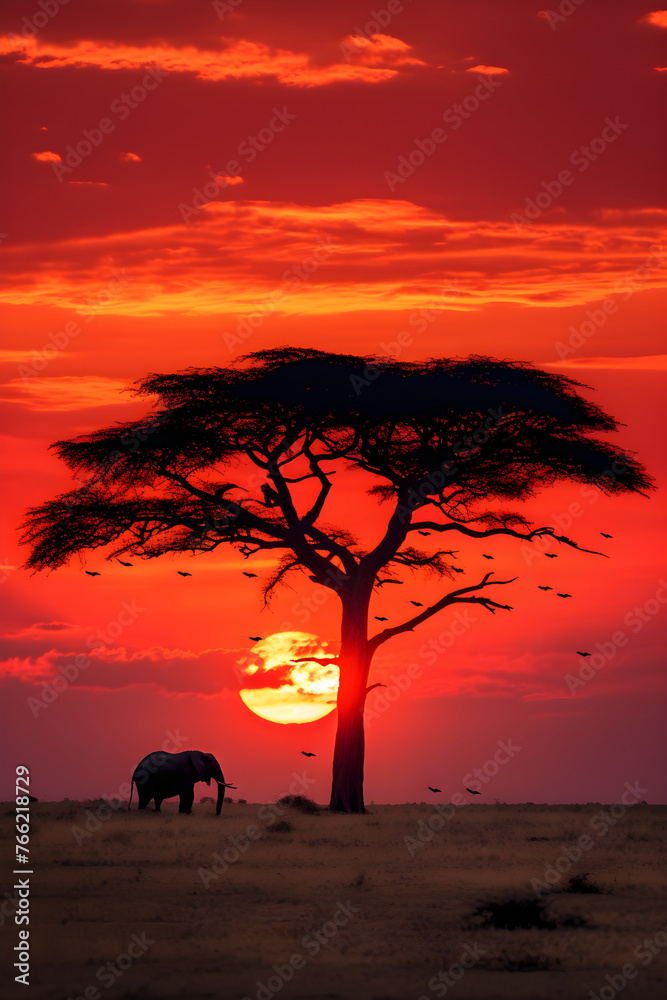 Ethereal Sundown: Majestic Elephants, Zebras and Birds Amidst the African Savannah Landscape