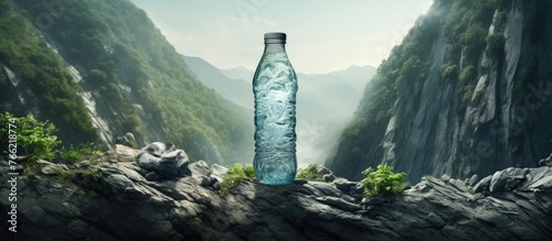 A bottle of water rests on a rock amidst the breathtaking natural landscape of the mountain, surrounded by plants and clouds in the sky photo