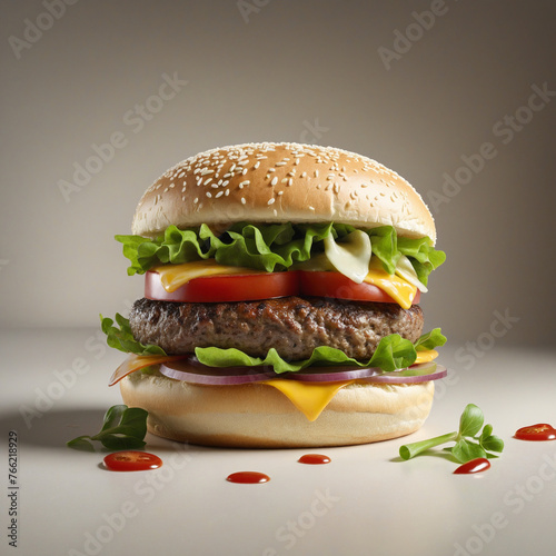 Delicious single beef burger showcased on transparent background colorful background