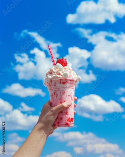 hand grab strawberry milkshake with marshmallow under the blue sky 