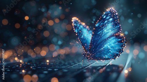 Abstract polygonal butterfly flying out of a laptop's display. Blue low poly wireframe modern illustration. Faster internet connection concept. Polygons, particles, and connected dots. © DZMITRY