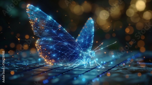 An abstract polygonal butterfly flies out of the display of a laptop. Low poly modern illustration depicting freedom and faster internet connections. Polygons and particles are connected in an photo